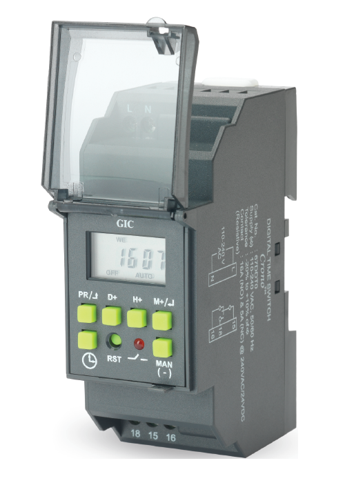 67DDT0 - Crono Series, GIC Digital Time Switches 110 - 240 VAC 1 C/O Base/DIN 25 ON/OFF